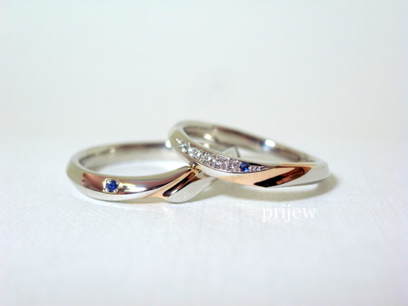 プリジュ　マリッジリング　結婚指輪　サファイヤ　ペリドット　誕生石　プラチナ　ピンクーゴールド　コンビリング　オーダーリング　オリジナルリング
